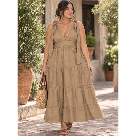 House of Harlow 1960 Dresses & Skirts - House of Harlow 1960 Tan Linen Blend Tiered V-Neck Maxi Dress Size Large